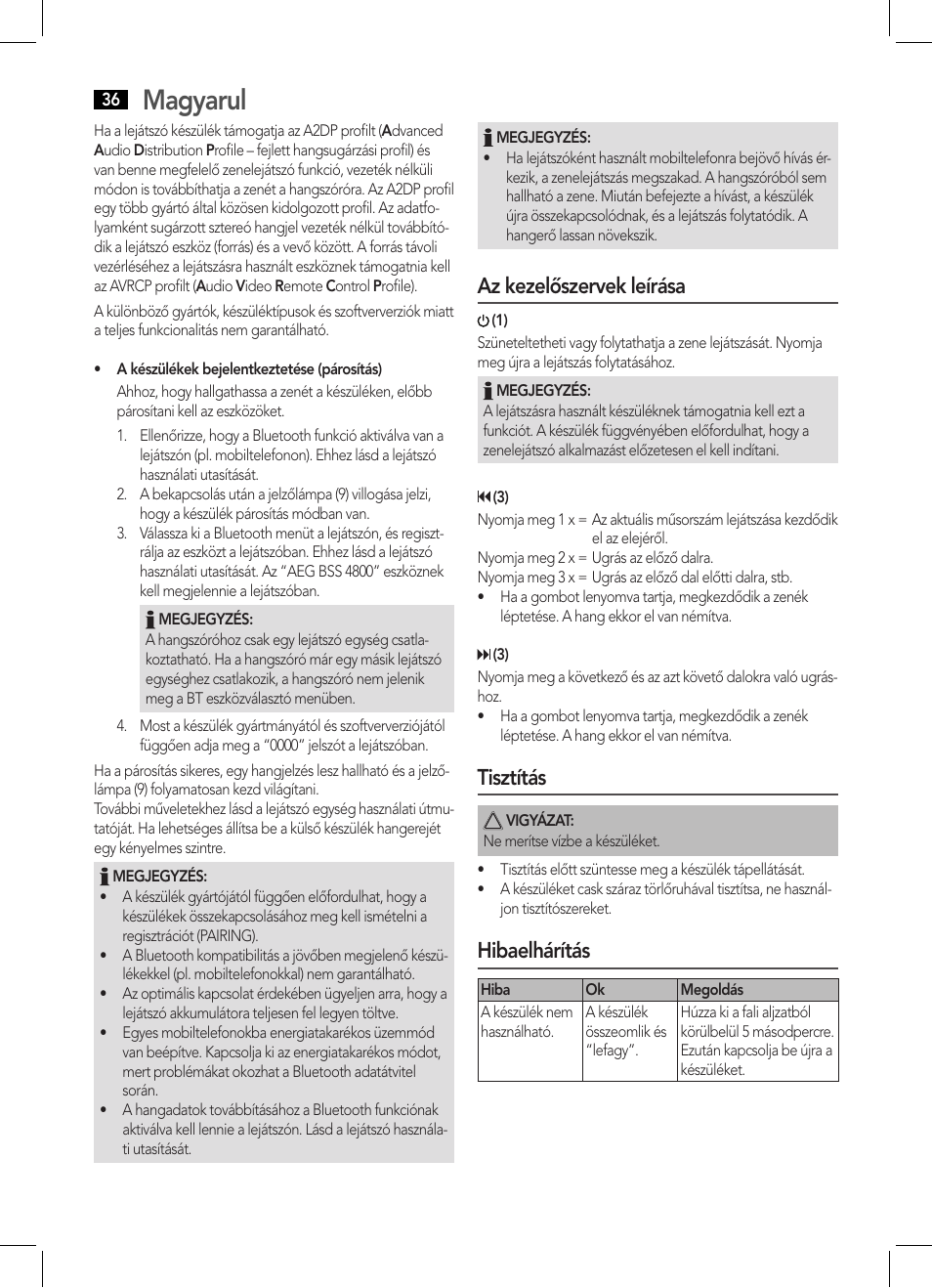 Magyarul, Az kezelőszervek leírása, Tisztítás | Hibaelhárítás | AEG BSS 4800 User Manual | Page 36 / 46