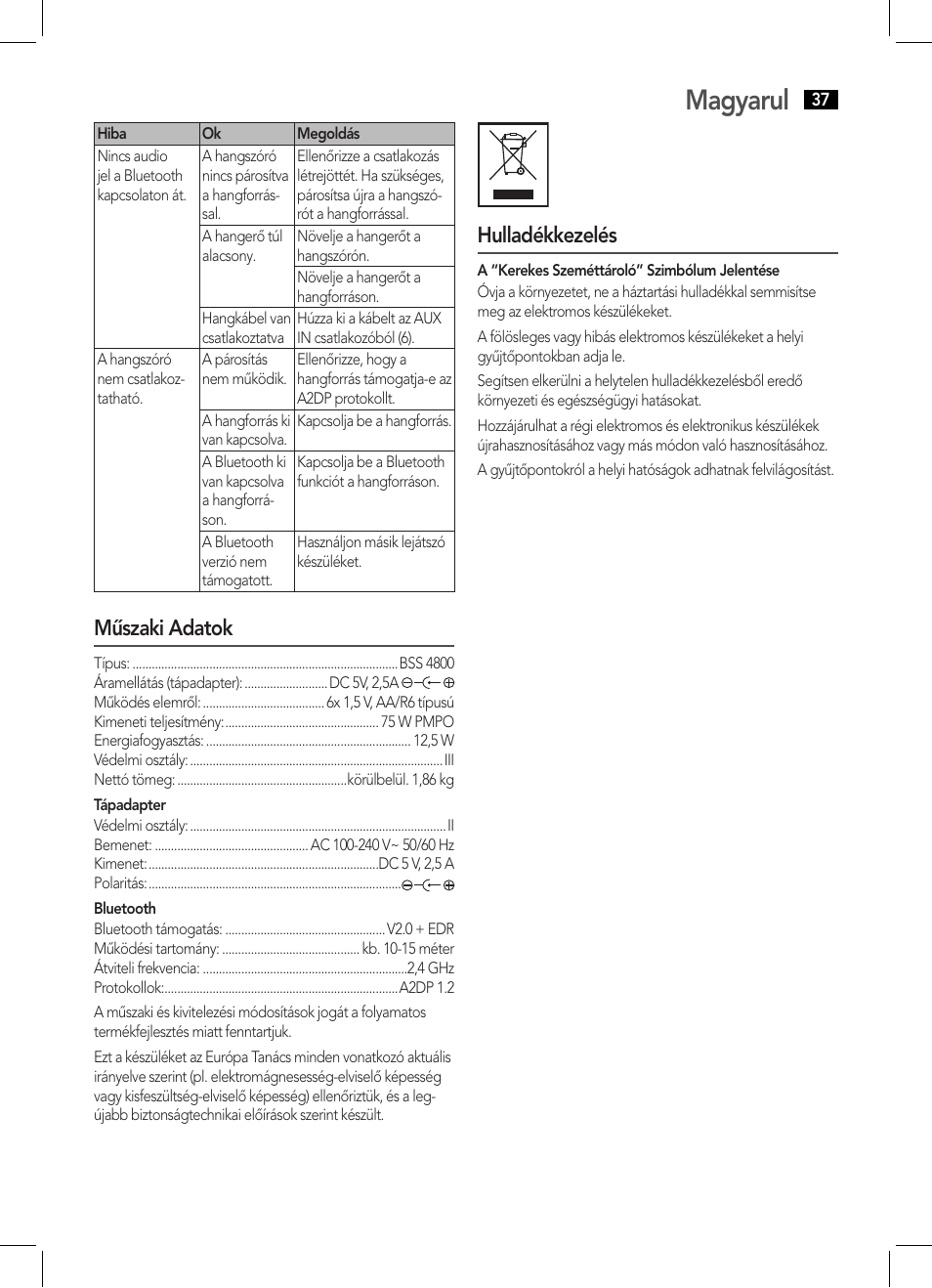 Magyarul, Műszaki adatok, Hulladékkezelés | AEG BSS 4800 User Manual | Page 37 / 46
