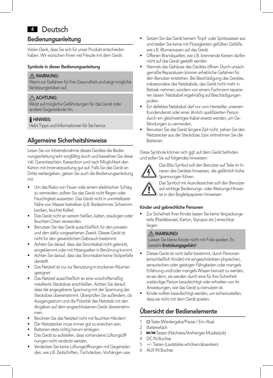 Deutsch, Bedienungsanleitung, Allgemeine sicherheitshinweise | Übersicht der bedienelemente | AEG BSS 4800 User Manual | Page 4 / 46