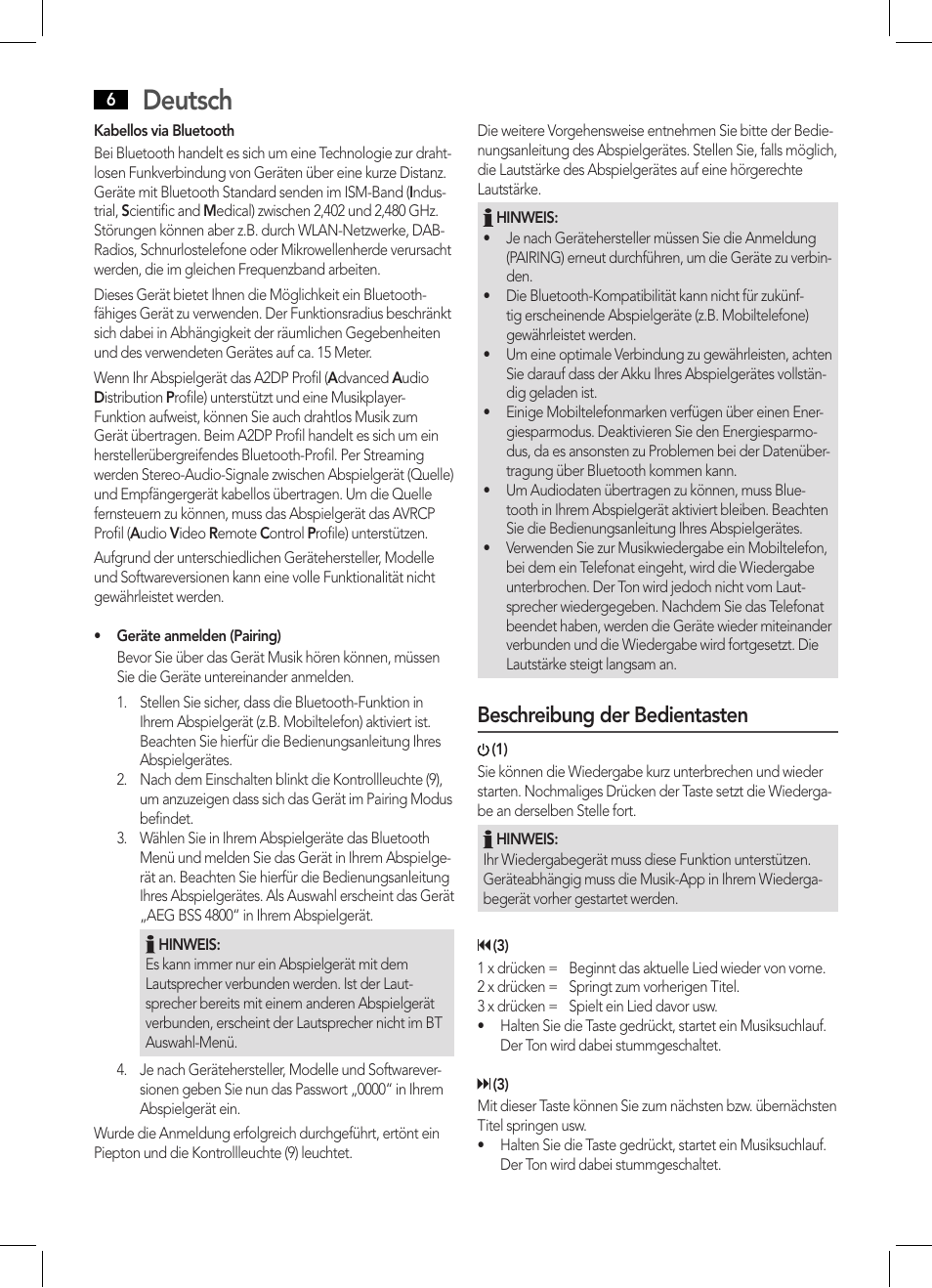 Deutsch, Beschreibung der bedientasten | AEG BSS 4800 User Manual | Page 6 / 46