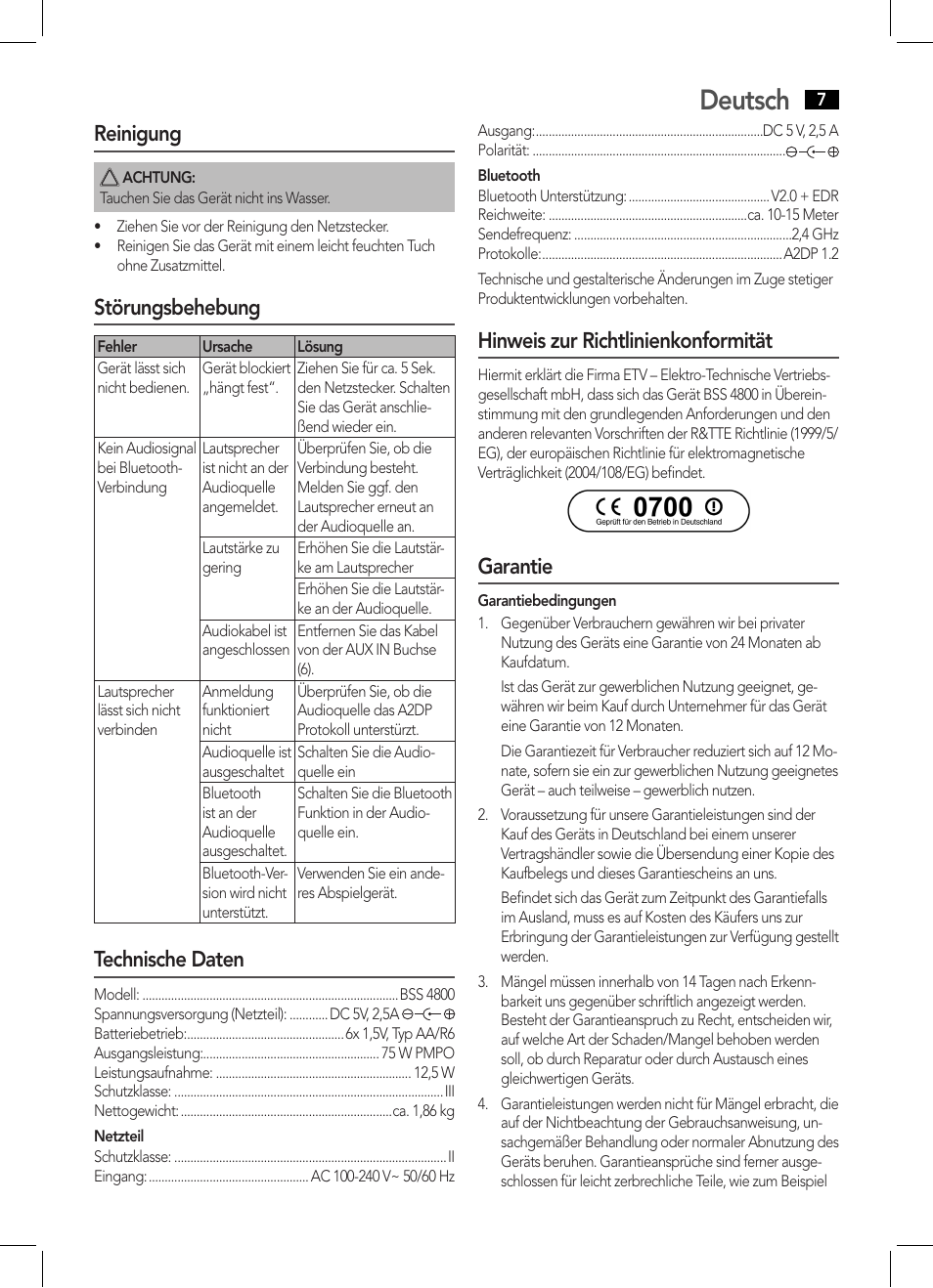 Deutsch, Reinigung, Störungsbehebung | Technische daten, Hinweis zur richtlinienkonformität, Garantie | AEG BSS 4800 User Manual | Page 7 / 46