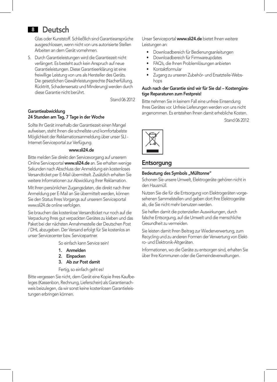 Deutsch, Entsorgung | AEG BSS 4800 User Manual | Page 8 / 46