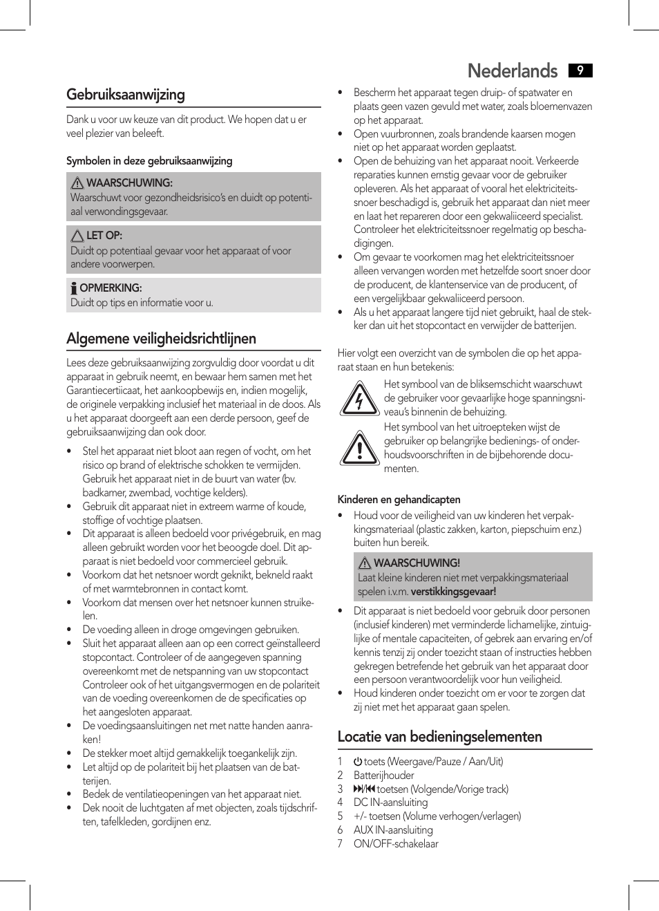Nederlands, Gebruiksaanwijzing, Algemene veiligheidsrichtlijnen | Locatie van bedieningselementen | AEG BSS 4800 User Manual | Page 9 / 46