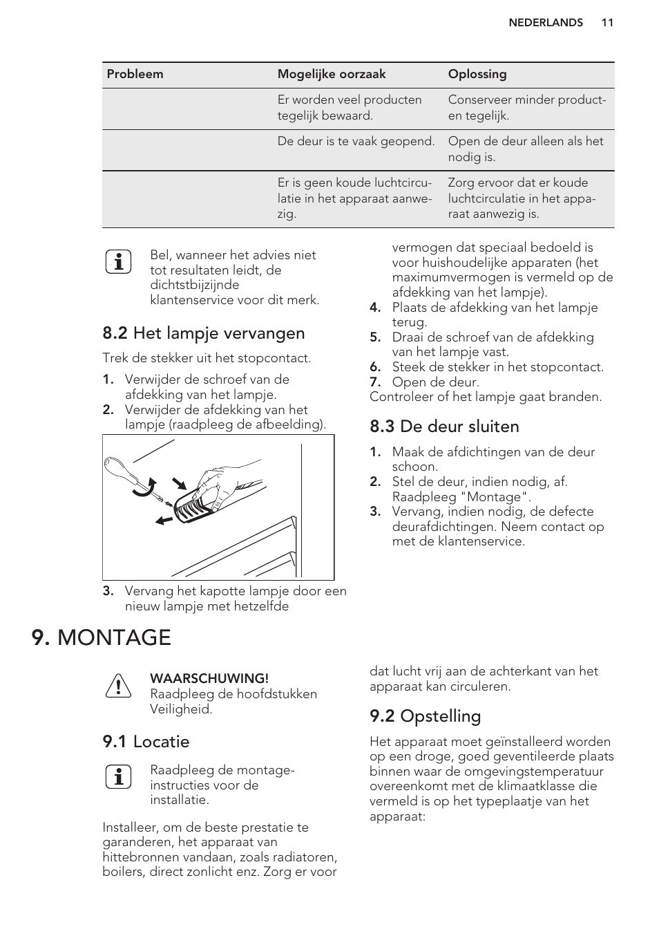 2 het lampje vervangen, 3 de deur sluiten, Montage | 1 locatie, 2 opstelling | AEG SKS58800S1 User Manual | Page 11 / 56