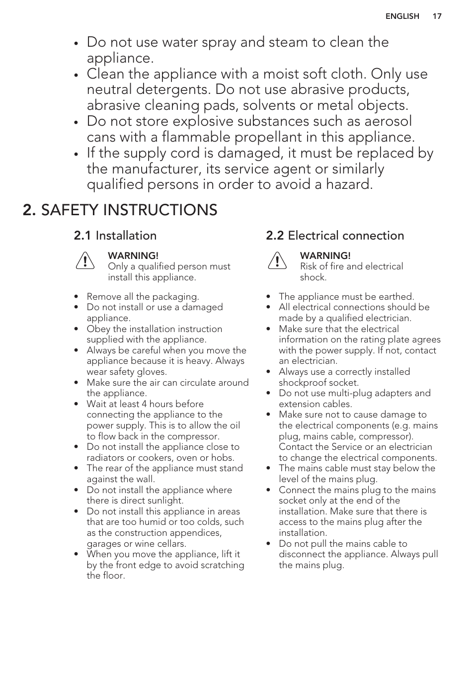 Safety instructions, 1 installation, 2 electrical connection | AEG SKS58800S1 User Manual | Page 17 / 56