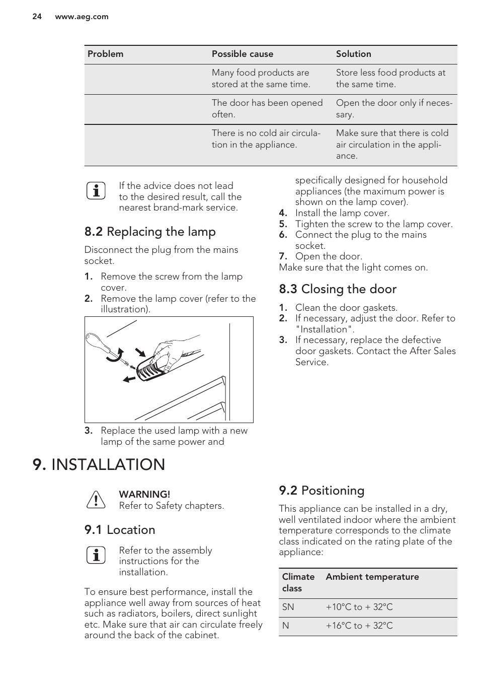 2 replacing the lamp, 3 closing the door, Installation | 1 location, 2 positioning | AEG SKS58800S1 User Manual | Page 24 / 56