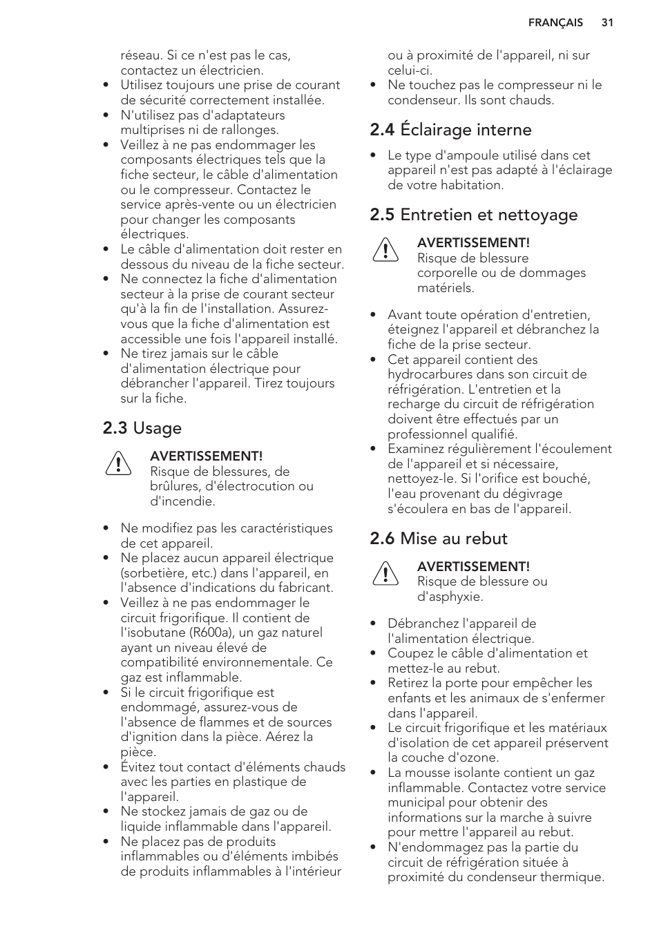 3 usage, 4 éclairage interne, 5 entretien et nettoyage | 6 mise au rebut | AEG SKS58800S1 User Manual | Page 31 / 56