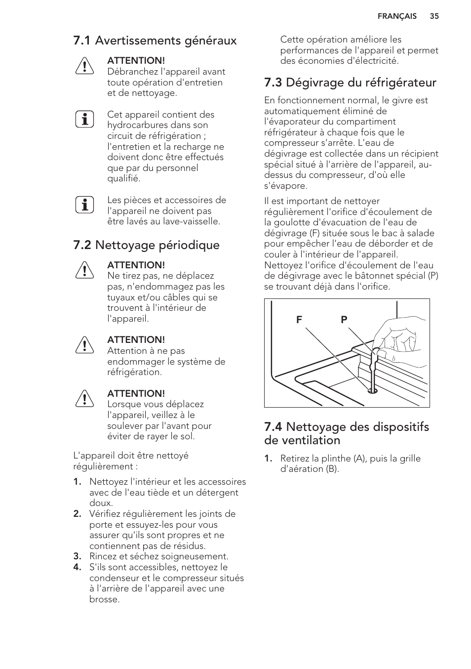 1 avertissements généraux, 2 nettoyage périodique, 3 dégivrage du réfrigérateur | 4 nettoyage des dispositifs de ventilation | AEG SKS58800S1 User Manual | Page 35 / 56