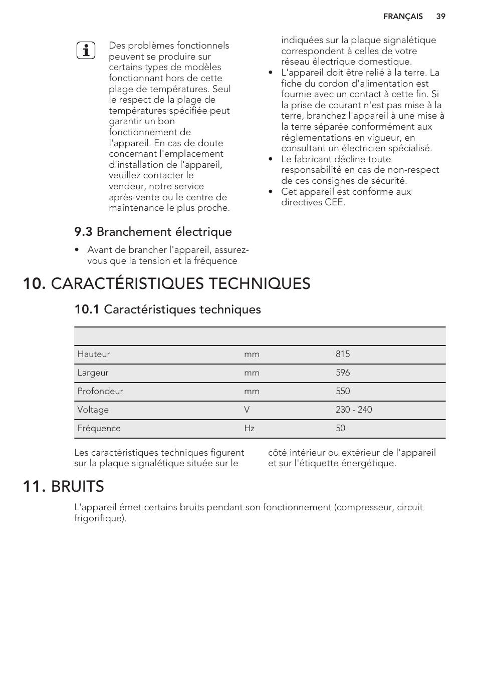 3 branchement électrique, Caractéristiques techniques, 1 caractéristiques techniques | Bruits, Caractéristiques techniques 11. bruits | AEG SKS58800S1 User Manual | Page 39 / 56