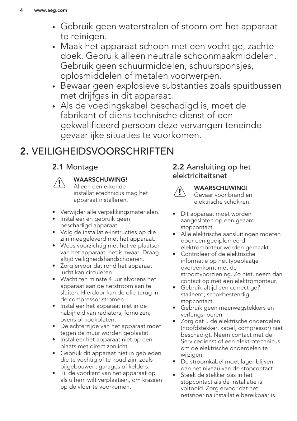 Veiligheidsvoorschriften, 1 montage, 2 aansluiting op het elektriciteitsnet | AEG SKS58800S1 User Manual | Page 4 / 56