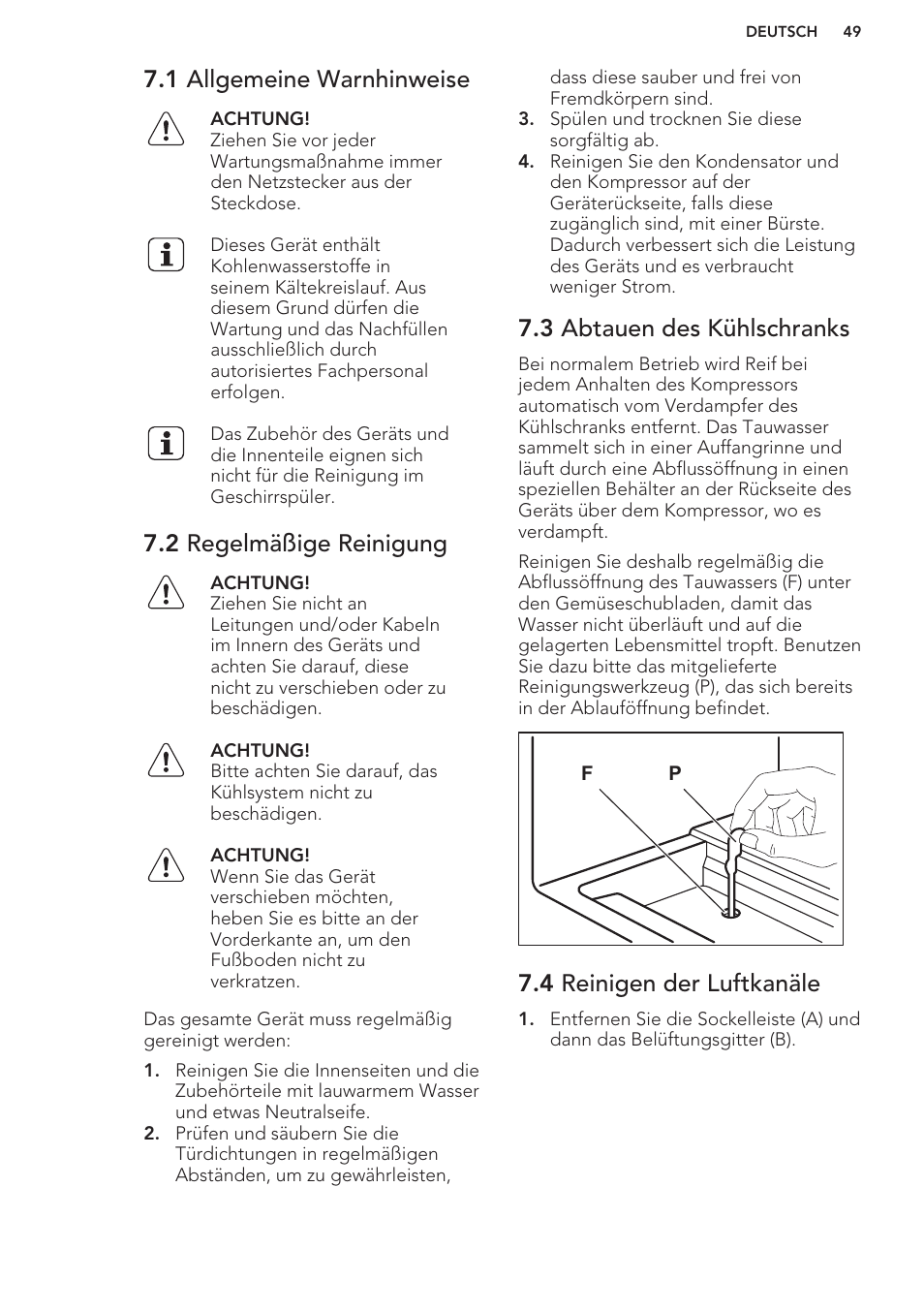 1 allgemeine warnhinweise, 2 regelmäßige reinigung, 3 abtauen des kühlschranks | 4 reinigen der luftkanäle | AEG SKS58800S1 User Manual | Page 49 / 56