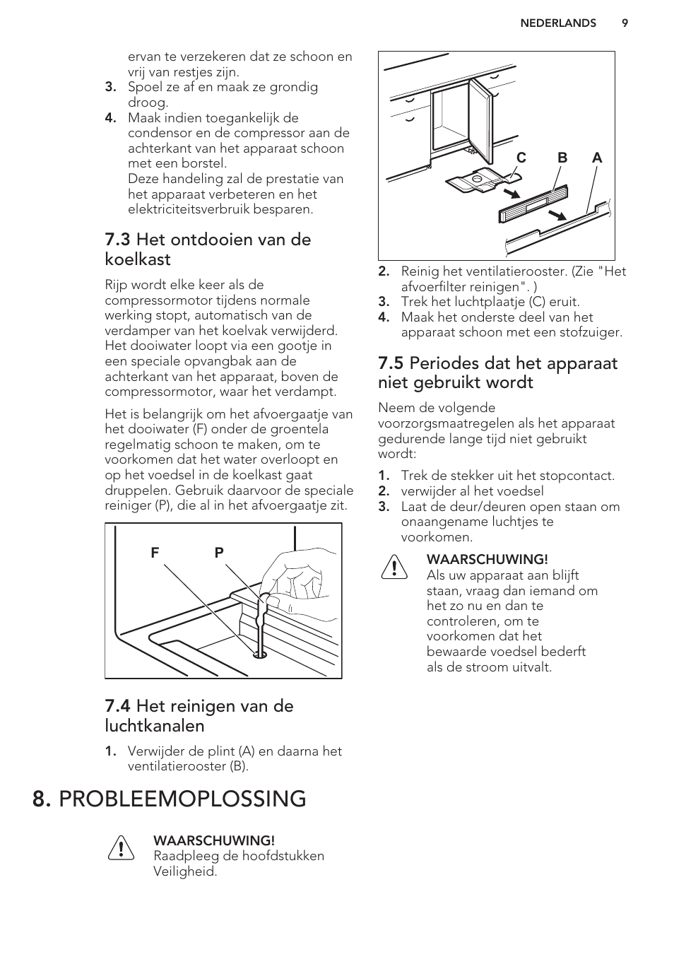 3 het ontdooien van de koelkast, 4 het reinigen van de luchtkanalen, 5 periodes dat het apparaat niet gebruikt wordt | Probleemoplossing | AEG SKS58800S1 User Manual | Page 9 / 56