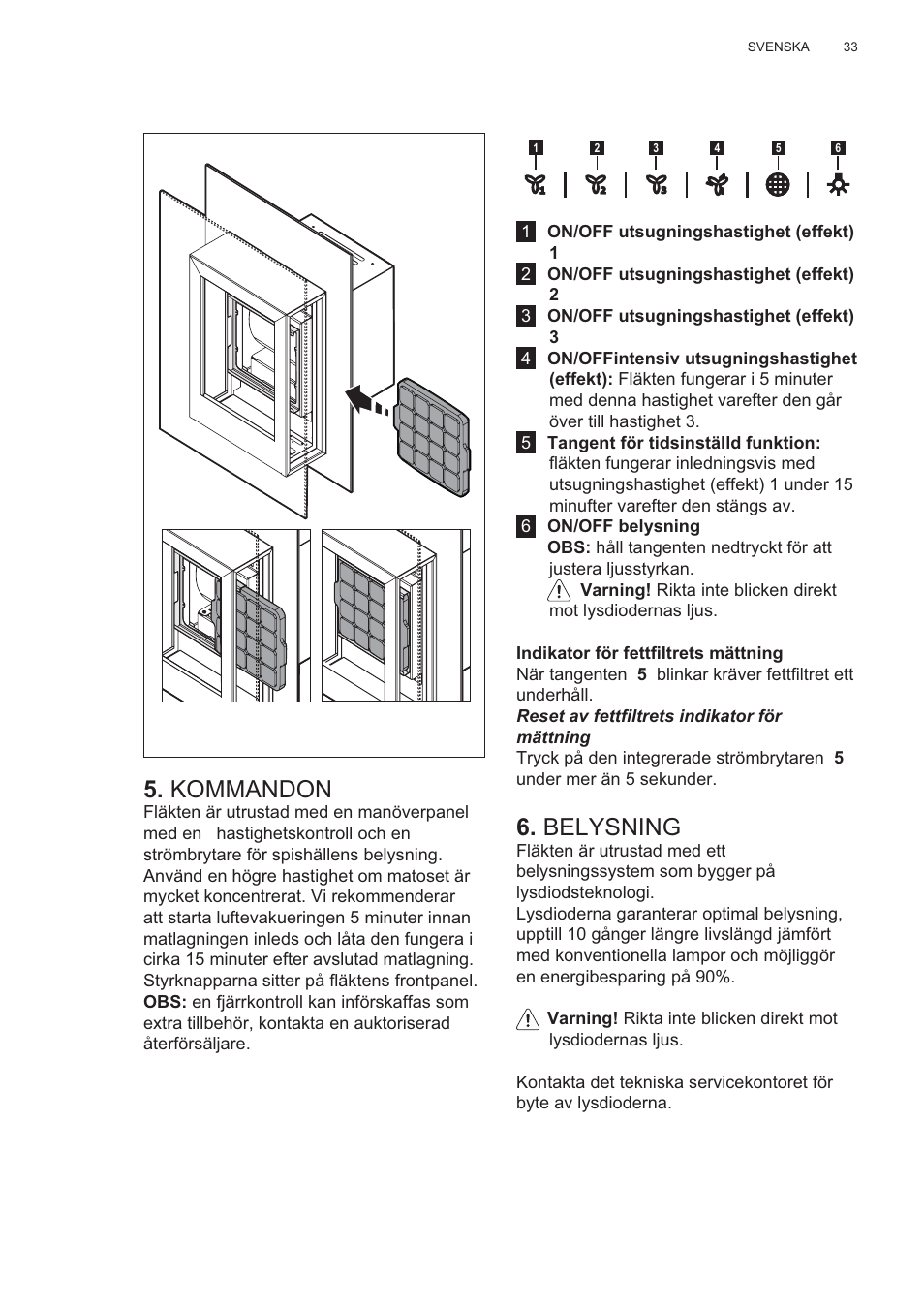 Kommandon, Belysning | AEG X99464MK2 User Manual | Page 33 / 132