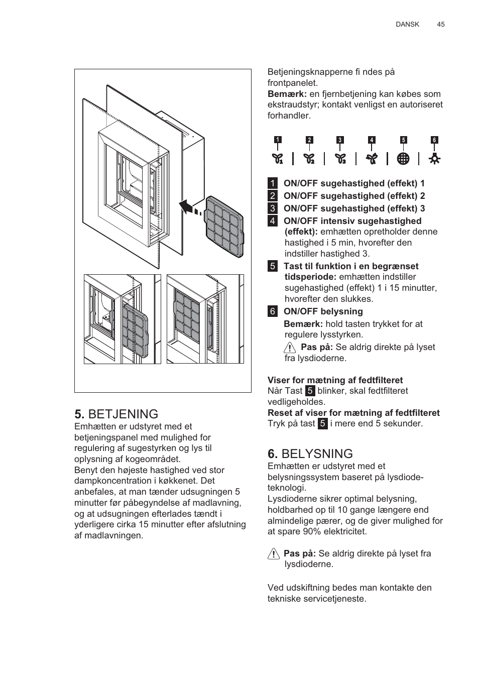 Betjening, Belysning | AEG X99464MK2 User Manual | Page 45 / 132