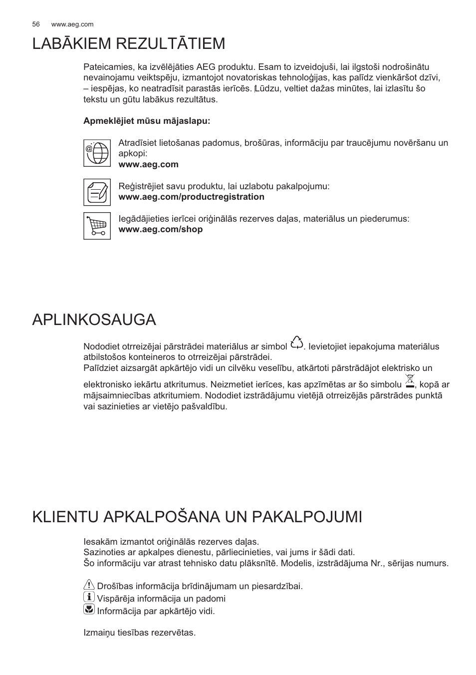 Lab ɩkiem rezultɩtiem aplinkosauga, Klientu apkalpošana un pakalpojumi | AEG X99464MK2 User Manual | Page 56 / 132