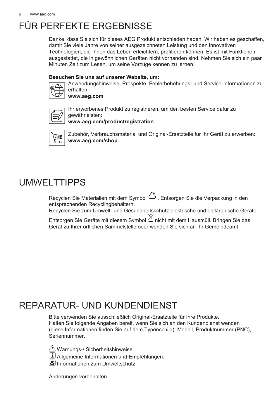 Für perfekte ergebnisse, Umwelttipps, Reparatur- und kundendienst | AEG X99464MK2 User Manual | Page 6 / 132