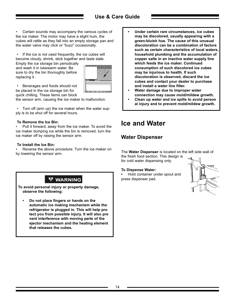 Ice and water, Use & care guide, Water dispenser | Aga Ranges AFHR-36 User Manual | Page 14 / 30