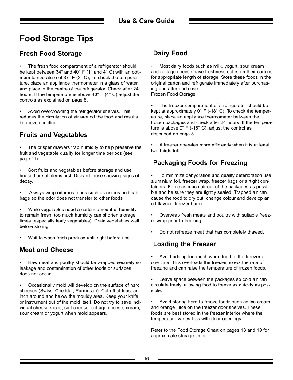 Food storage tips, Use & care guide, Fresh food storage | Fruits and vegetables, Meat and cheese, Dairy food, Packaging foods for freezing, Loading the freezer | Aga Ranges AFHR-36 User Manual | Page 16 / 30