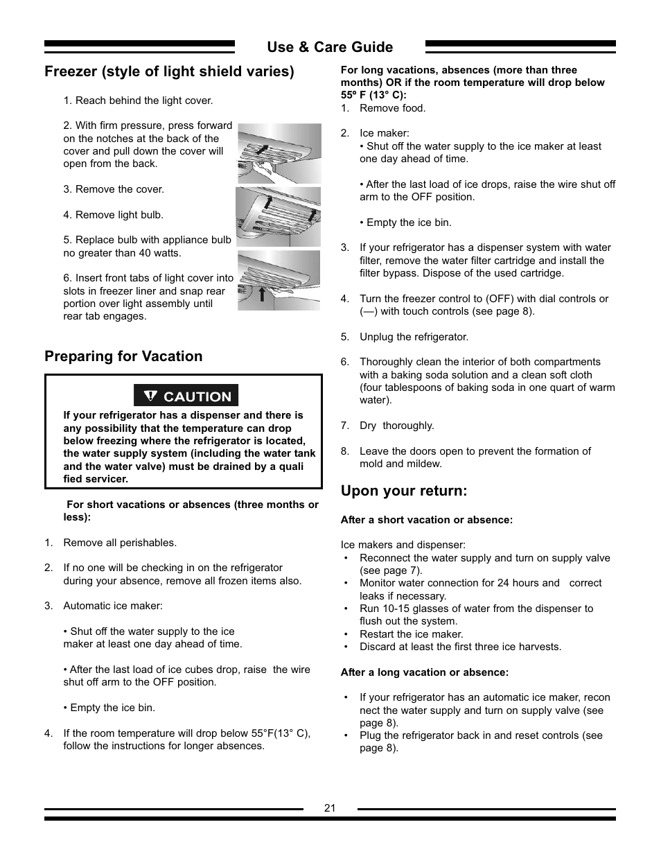 Use & care guide, Freezer (style of light shield varies), Preparing for vacation | Upon your return | Aga Ranges AFHR-36 User Manual | Page 21 / 30
