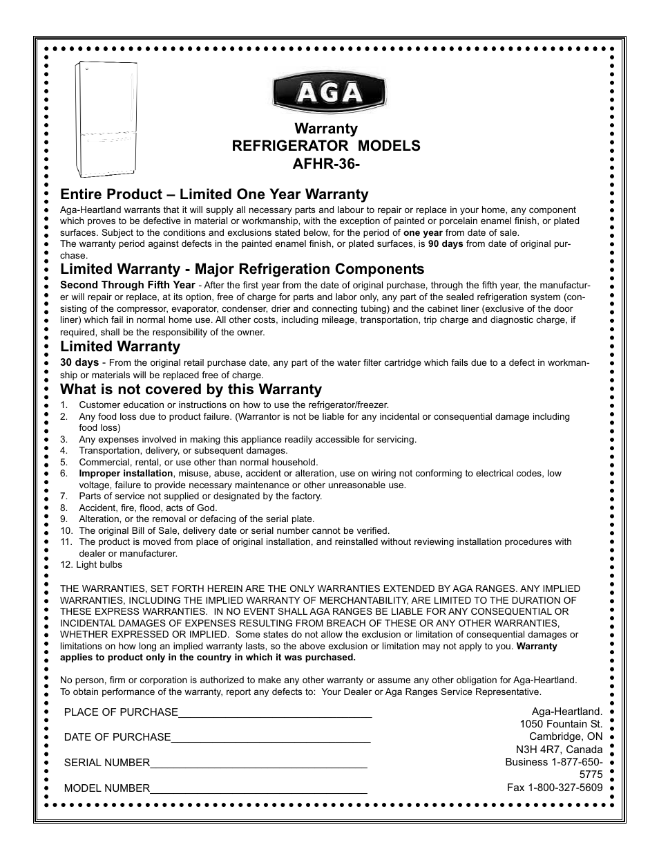 Limited warranty - major refrigeration components, Limited warranty, What is not covered by this warranty | Aga Ranges AFHR-36 User Manual | Page 29 / 30