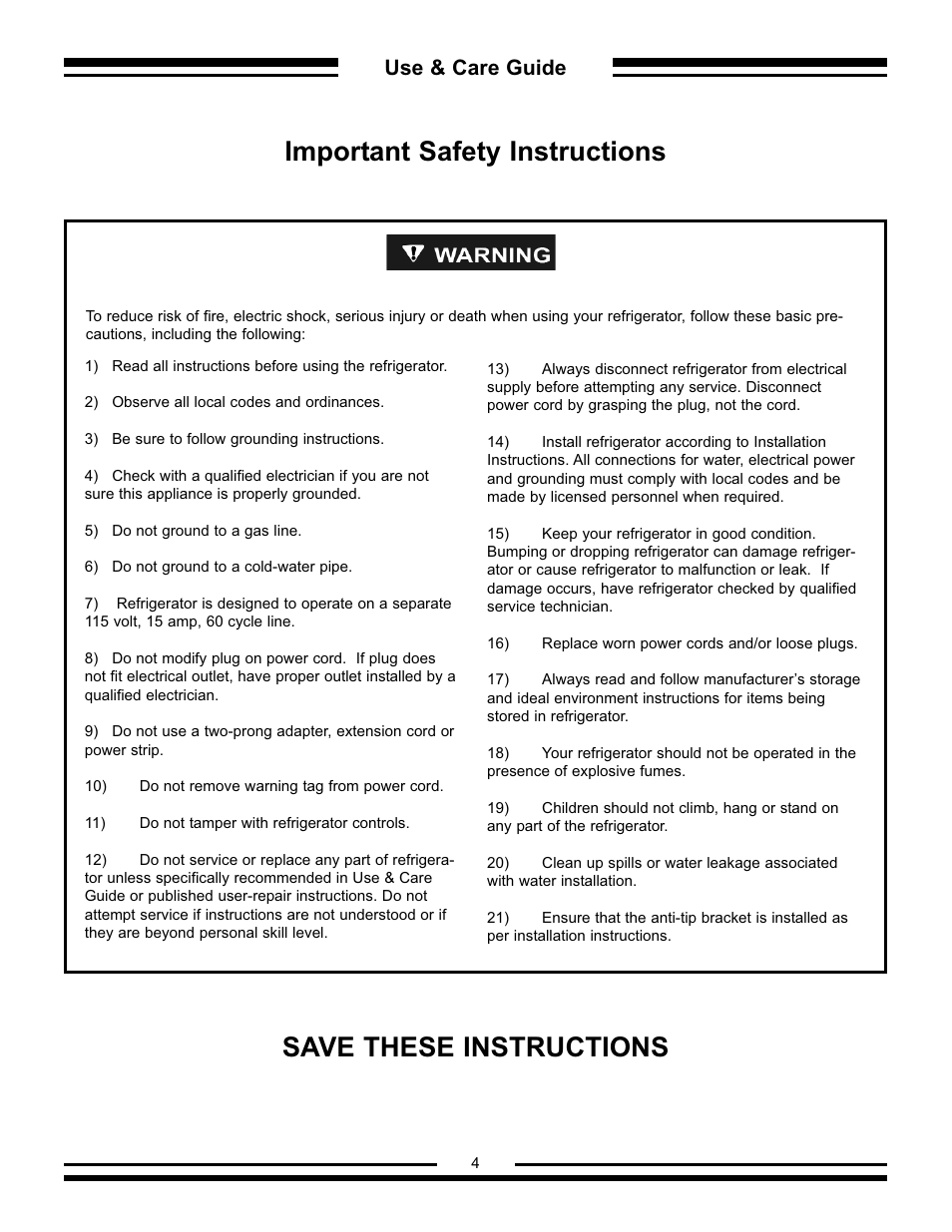 Important safety instructions, Save these instructions, Use & care guide | Aga Ranges AFHR-36 User Manual | Page 4 / 30