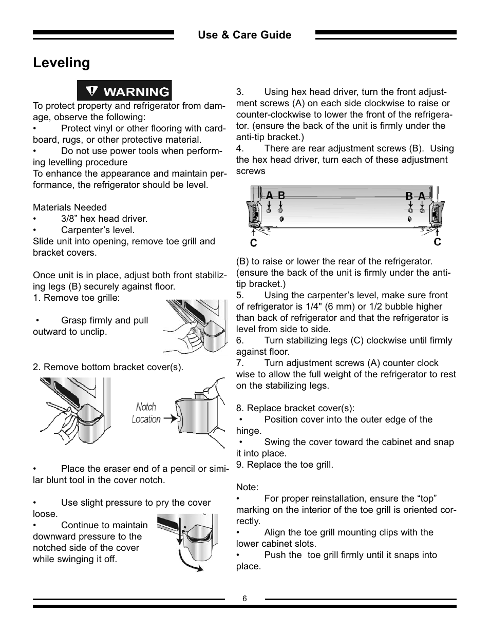 Leveling | Aga Ranges AFHR-36 User Manual | Page 6 / 30