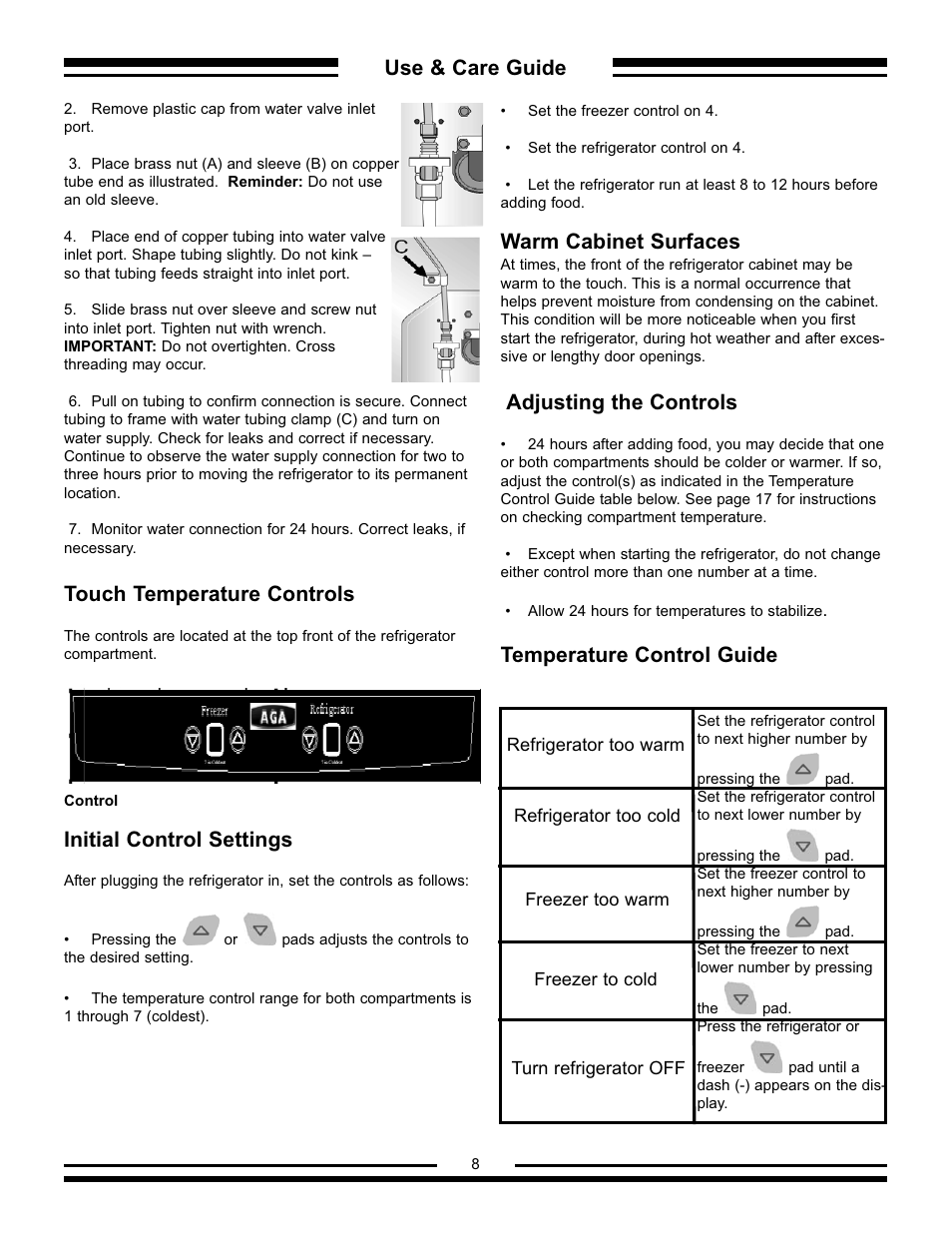 Use & care guide, Warm cabinet surfaces, Adjusting the controls | Temperature control guide, Touch temperature controls, Initial control settings | Aga Ranges AFHR-36 User Manual | Page 8 / 30