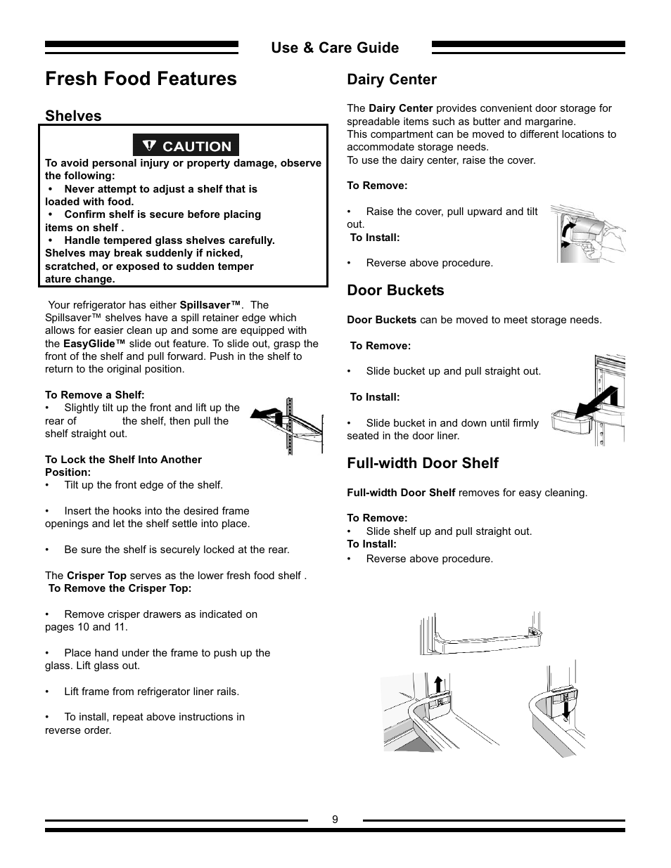 Fresh food features, Use & care guide, Shelves | Dairy center, Door buckets, Full-width door shelf | Aga Ranges AFHR-36 User Manual | Page 9 / 30