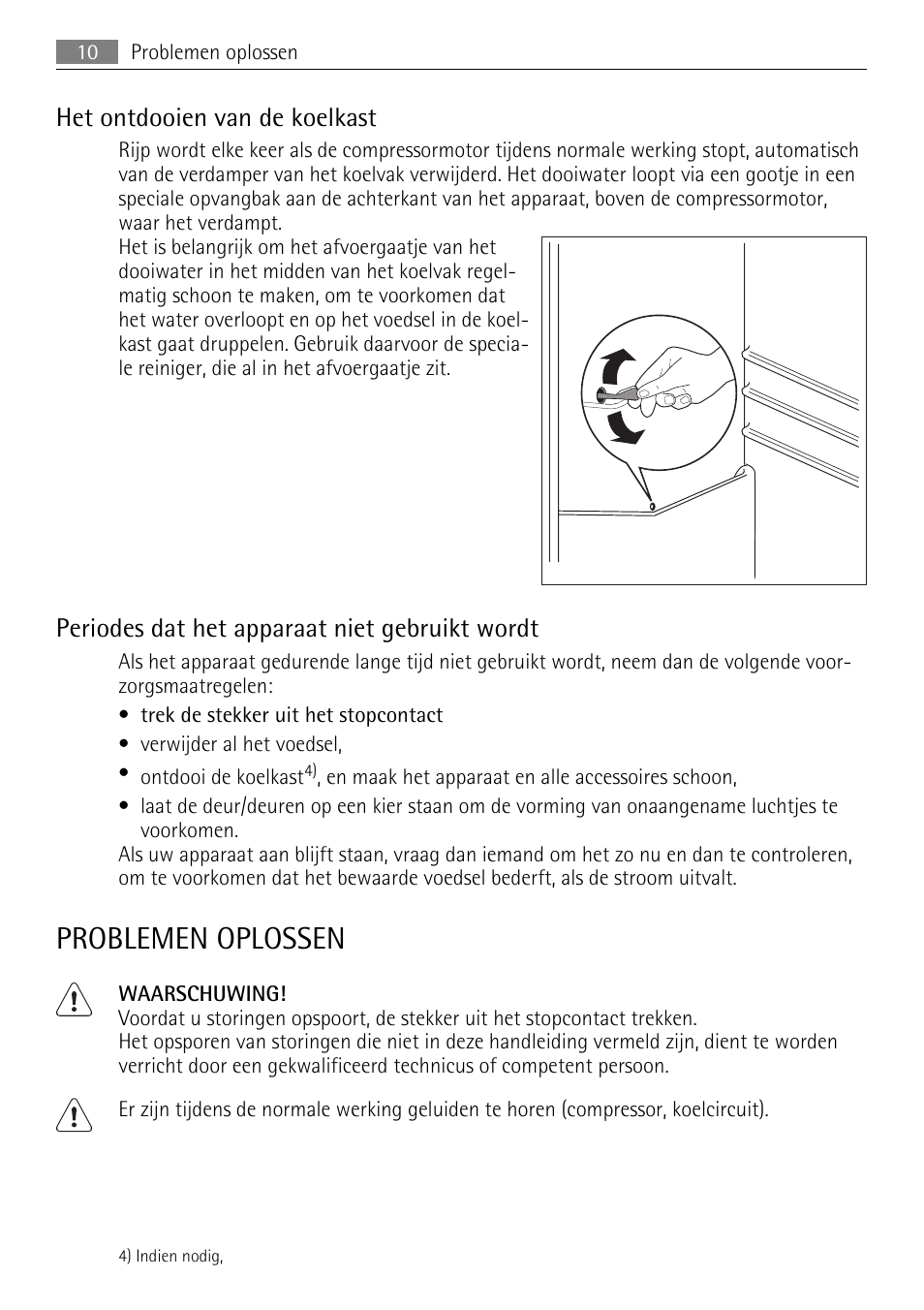 Problemen oplossen, Het ontdooien van de koelkast, Periodes dat het apparaat niet gebruikt wordt | AEG SKS51040S0 User Manual | Page 10 / 68