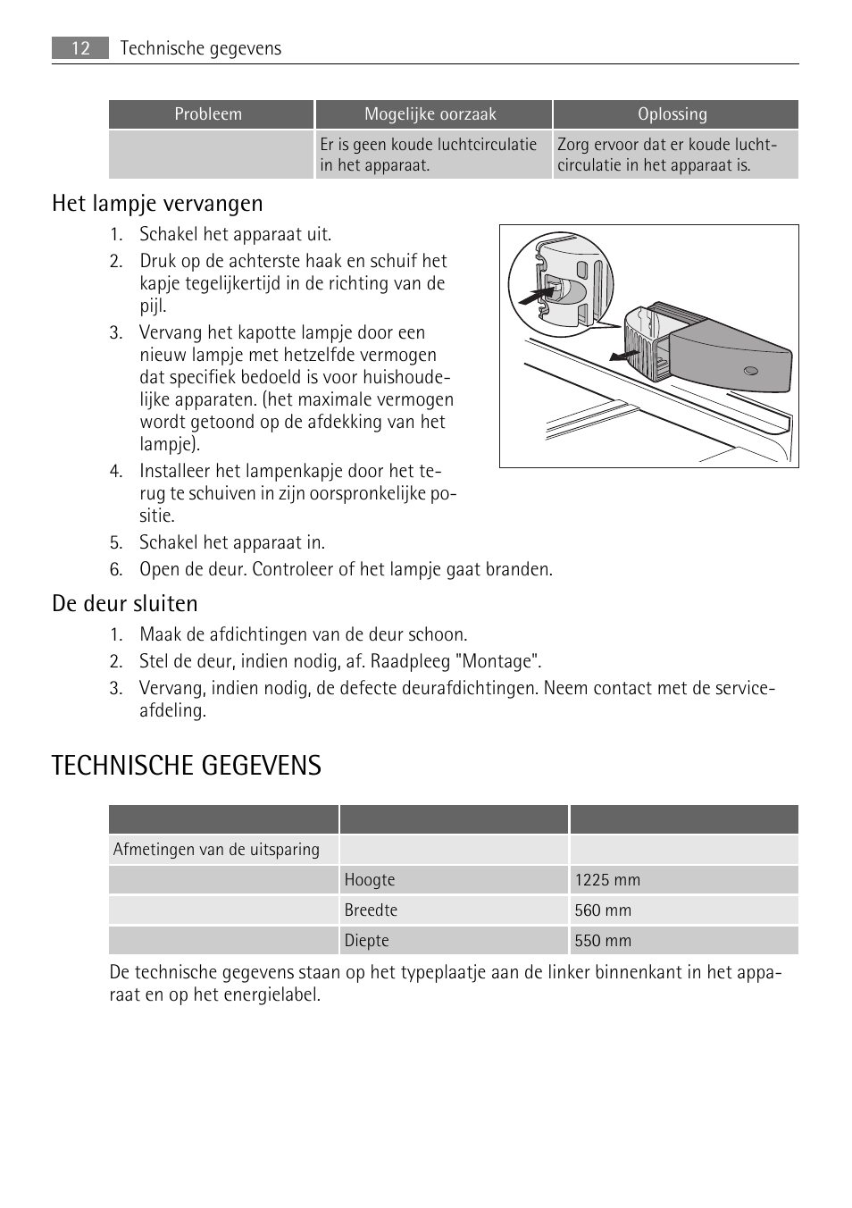 Technische gegevens, Het lampje vervangen, De deur sluiten | AEG SKS51040S0 User Manual | Page 12 / 68