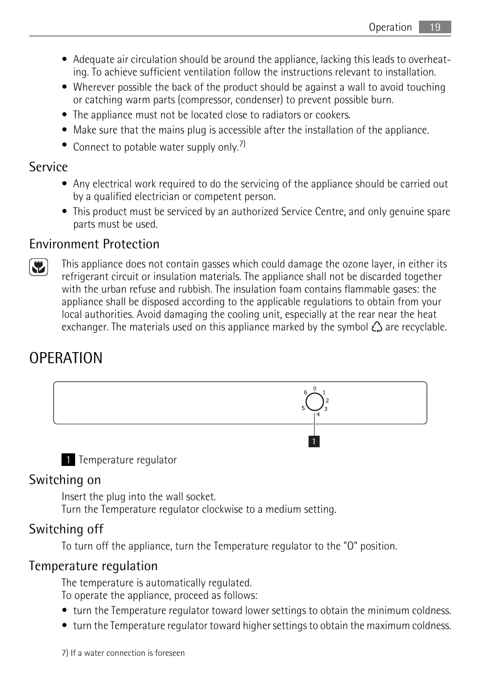 Operation, Service, Environment protection | Switching on, Switching off, Temperature regulation | AEG SKS51040S0 User Manual | Page 19 / 68