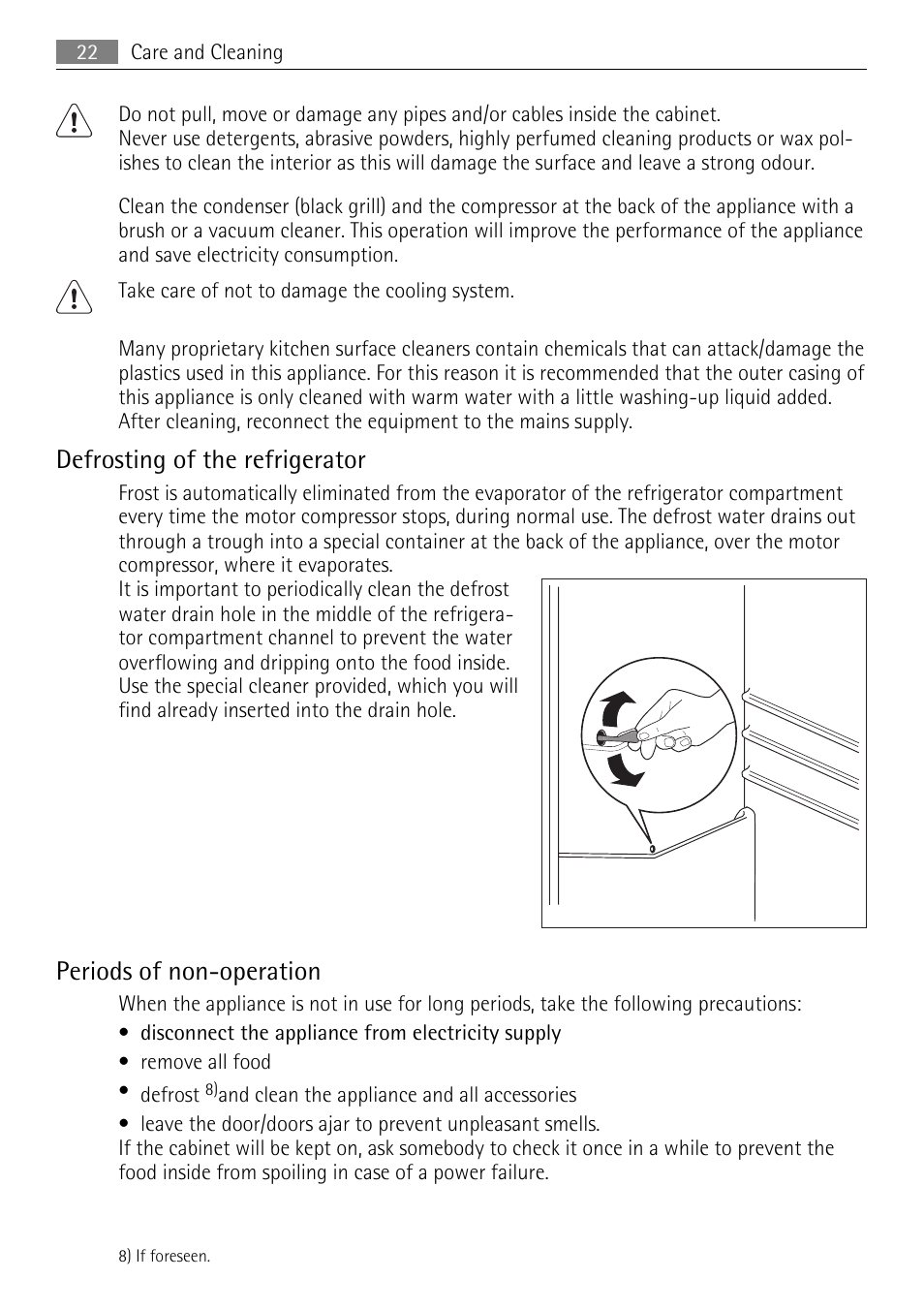 Defrosting of the refrigerator, Periods of non-operation | AEG SKS51040S0 User Manual | Page 22 / 68