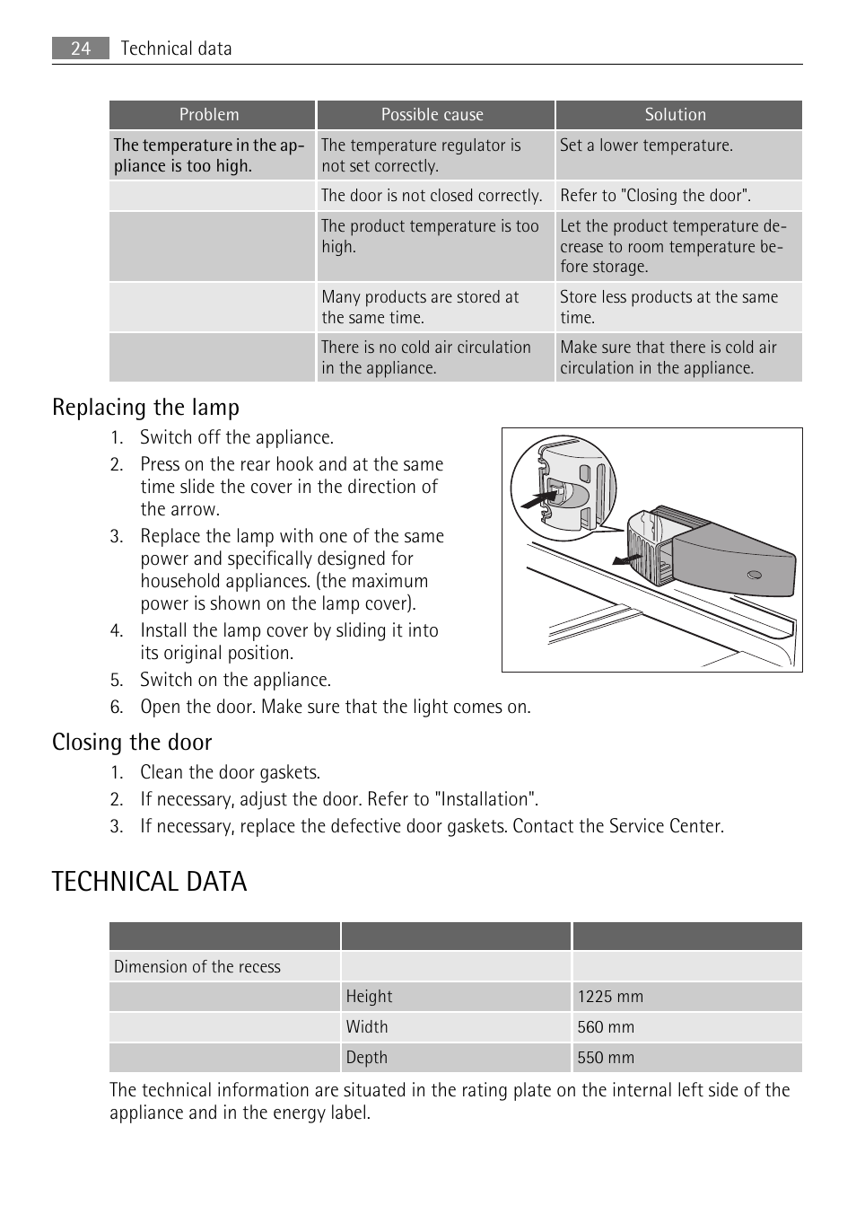 Technical data, Replacing the lamp, Closing the door | AEG SKS51040S0 User Manual | Page 24 / 68