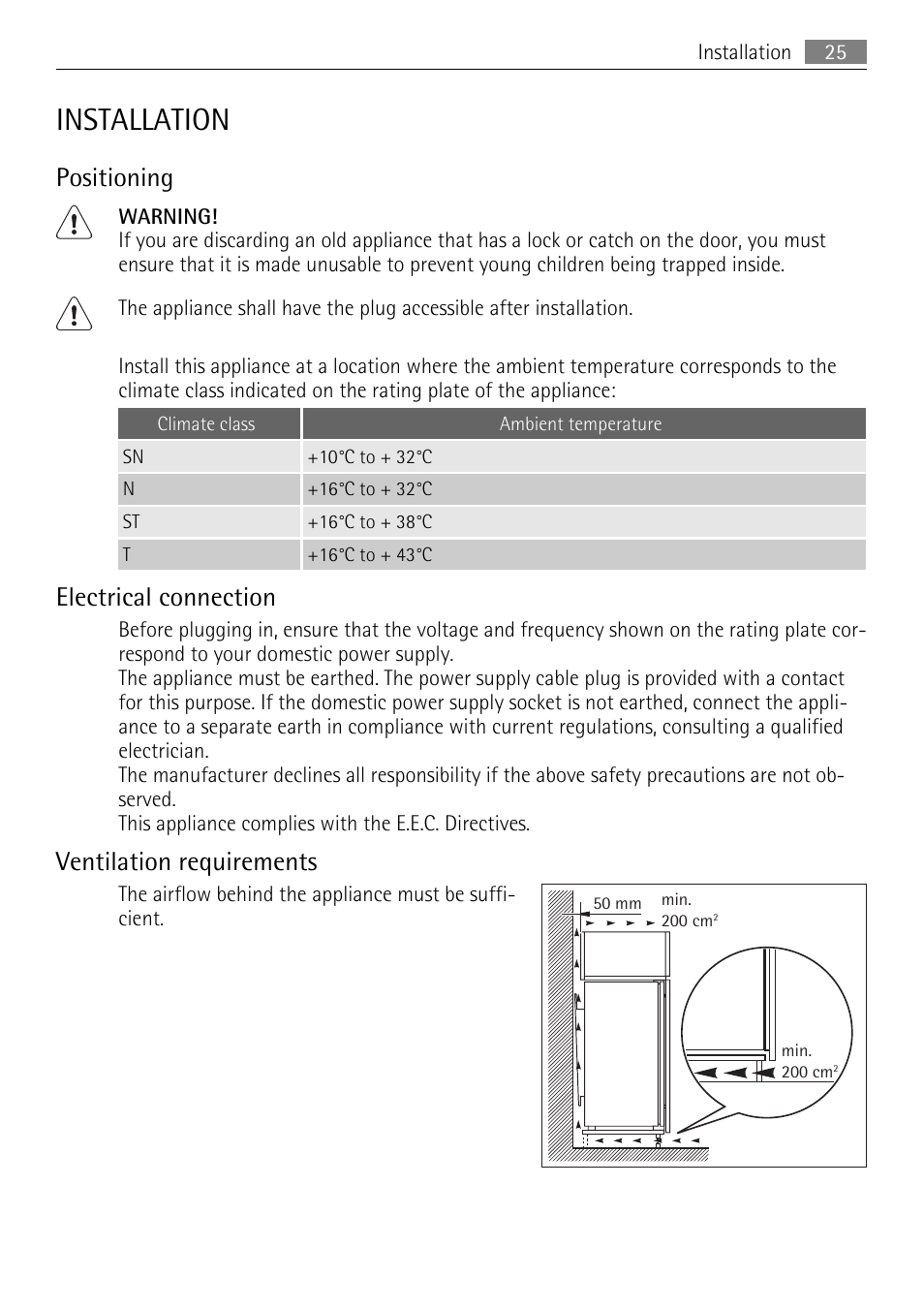 Installation, Positioning, Electrical connection | Ventilation requirements | AEG SKS51040S0 User Manual | Page 25 / 68