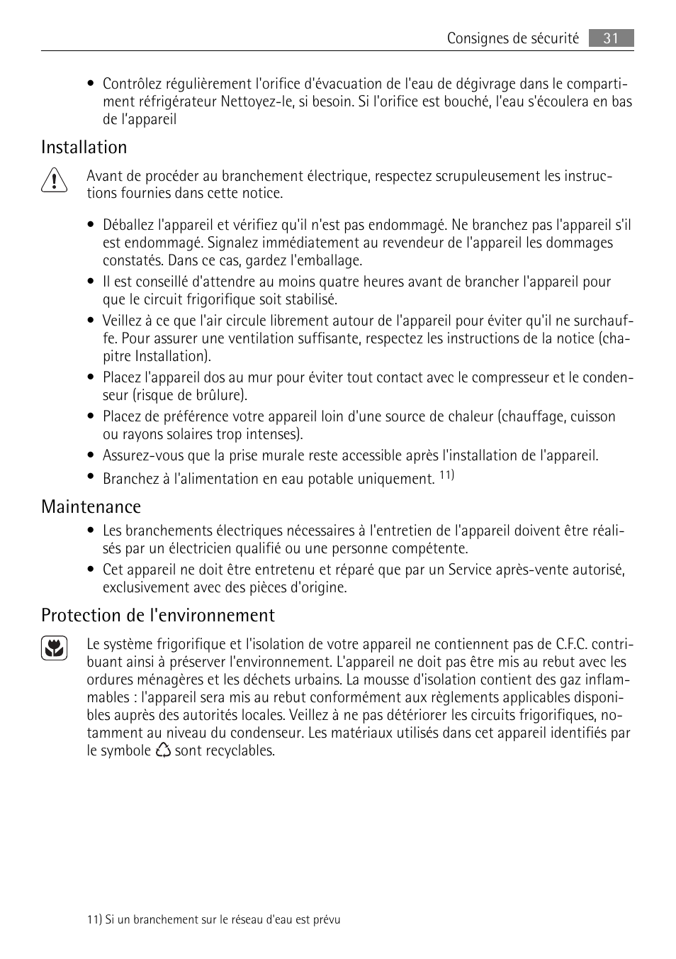 Installation, Maintenance, Protection de l'environnement | AEG SKS51040S0 User Manual | Page 31 / 68