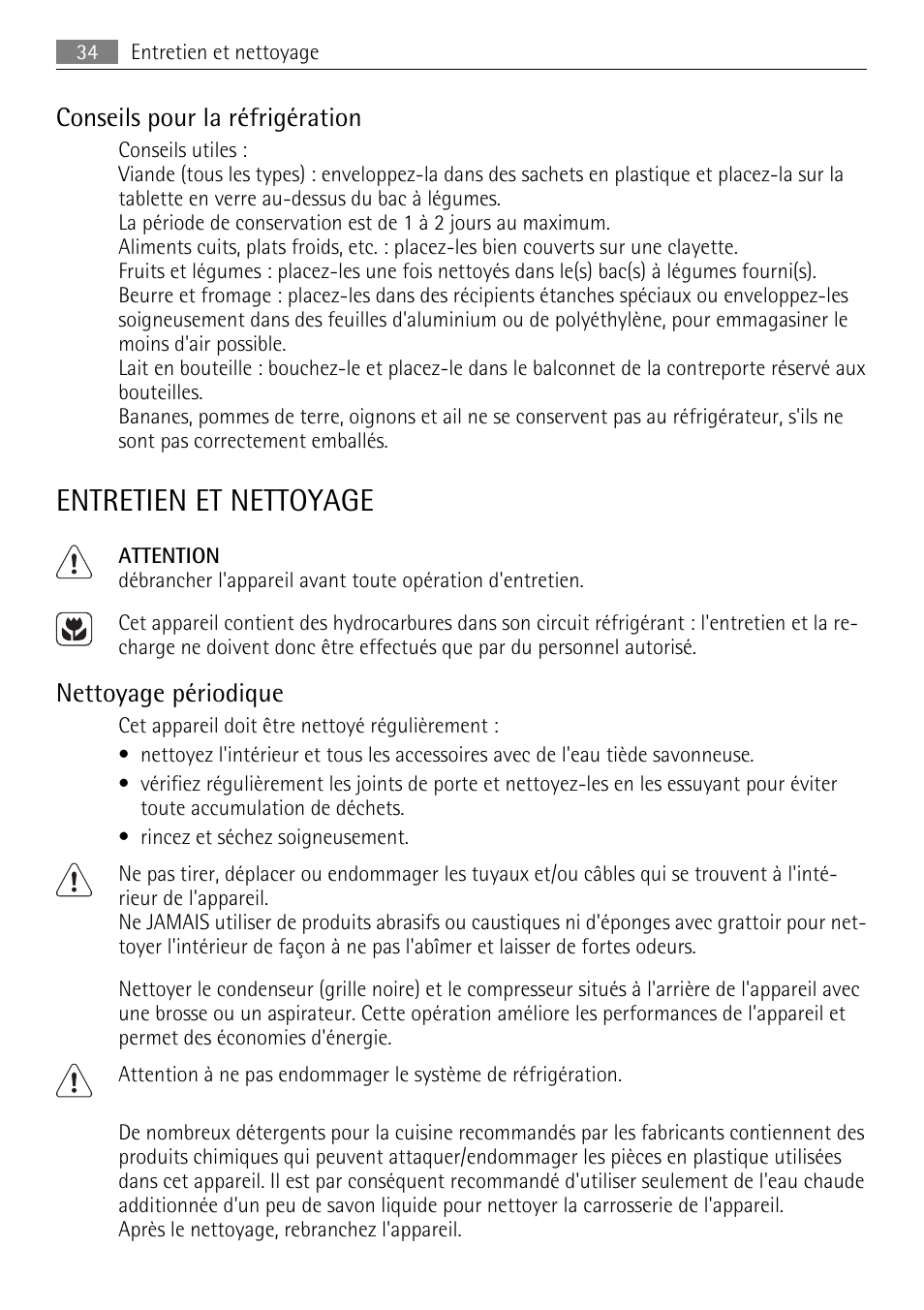 Entretien et nettoyage, Conseils pour la réfrigération, Nettoyage périodique | AEG SKS51040S0 User Manual | Page 34 / 68
