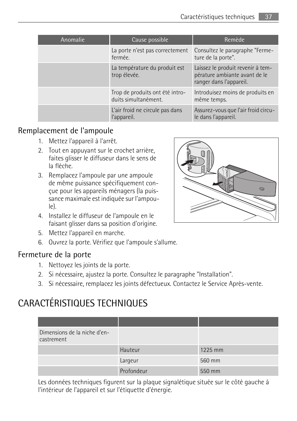 Caractéristiques techniques, Remplacement de l'ampoule, Fermeture de la porte | AEG SKS51040S0 User Manual | Page 37 / 68