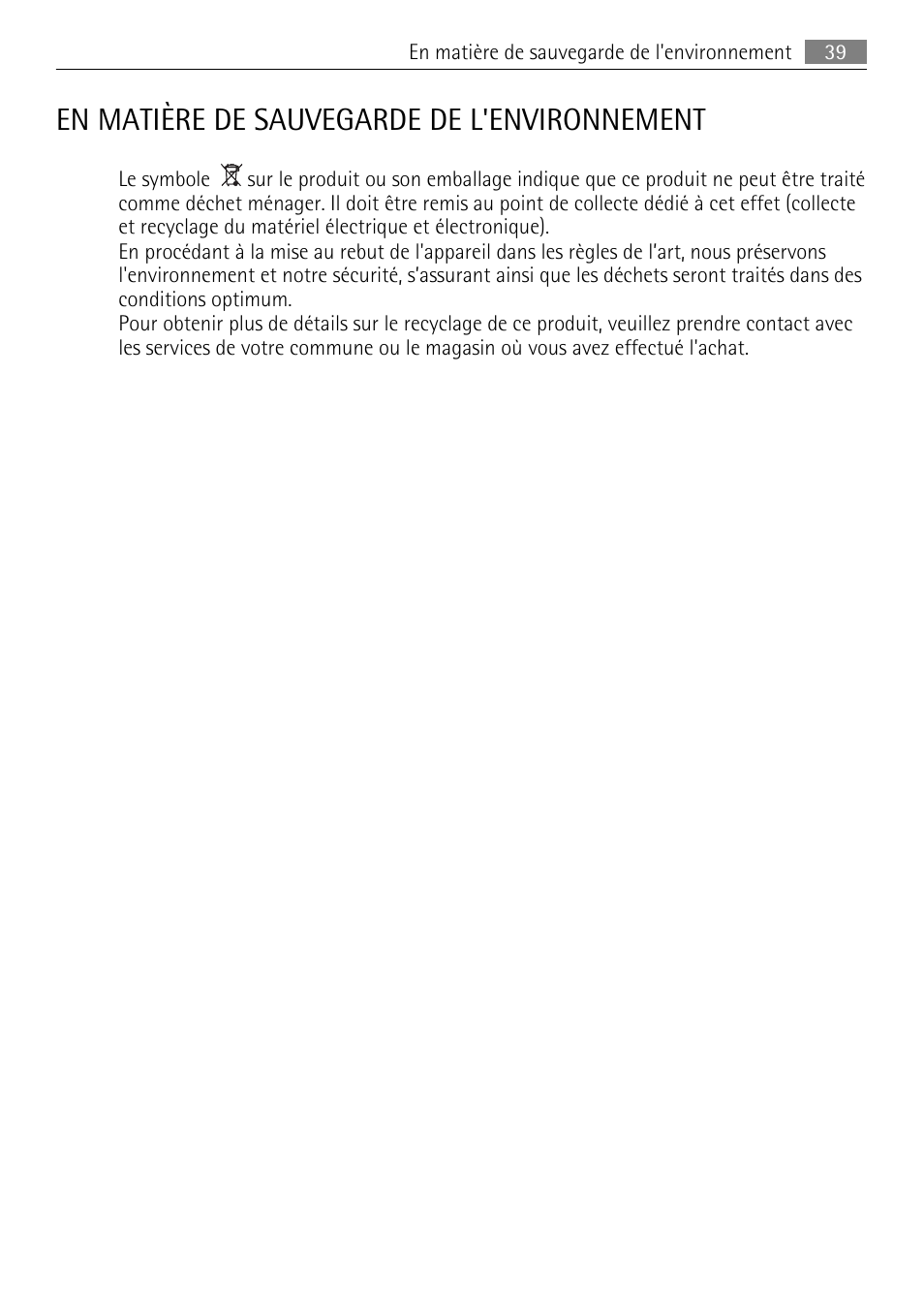 En matière de sauvegarde de l'environnement | AEG SKS51040S0 User Manual | Page 39 / 68