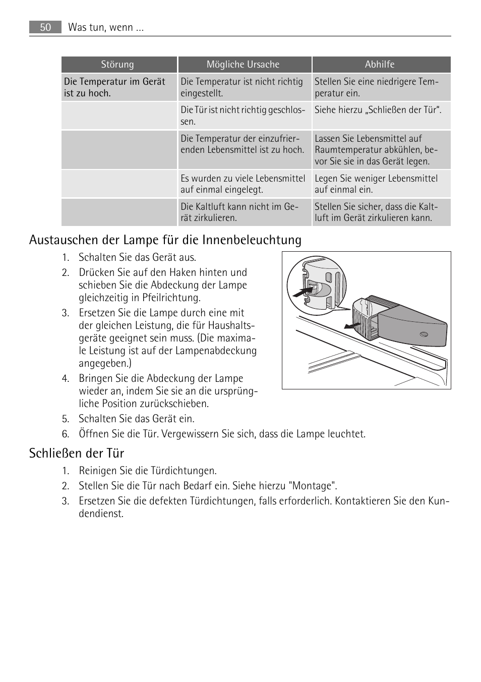 Austauschen der lampe für die innenbeleuchtung, Schließen der tür | AEG SKS51040S0 User Manual | Page 50 / 68