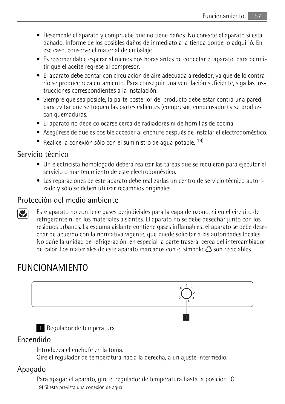 Funcionamiento, Servicio técnico, Protección del medio ambiente | Encendido, Apagado | AEG SKS51040S0 User Manual | Page 57 / 68
