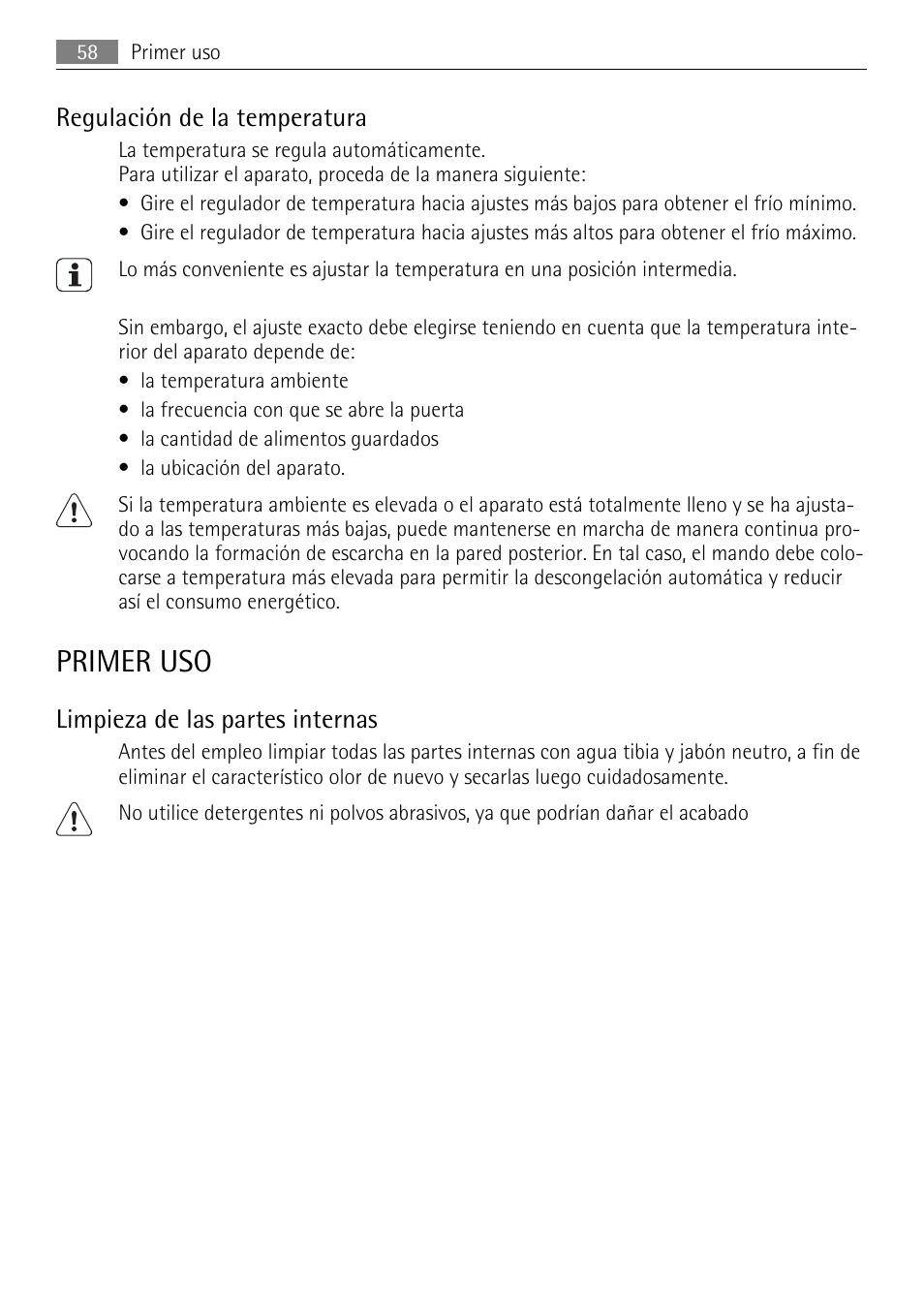 Primer uso, Regulación de la temperatura, Limpieza de las partes internas | AEG SKS51040S0 User Manual | Page 58 / 68