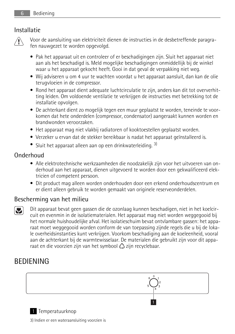 Bediening, Installatie, Onderhoud | Bescherming van het milieu | AEG SKS51040S0 User Manual | Page 6 / 68