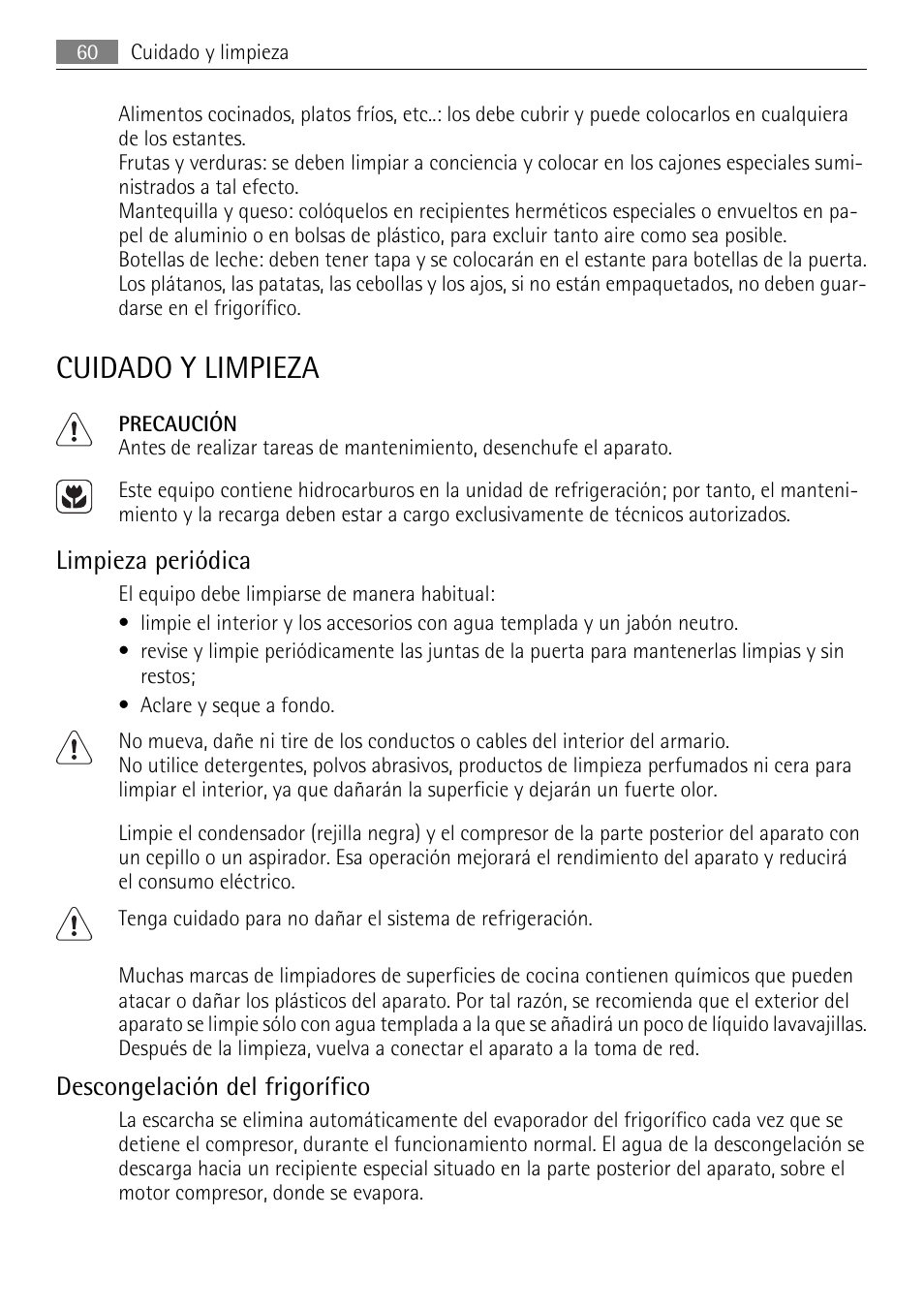 Cuidado y limpieza, Limpieza periódica, Descongelación del frigorífico | AEG SKS51040S0 User Manual | Page 60 / 68