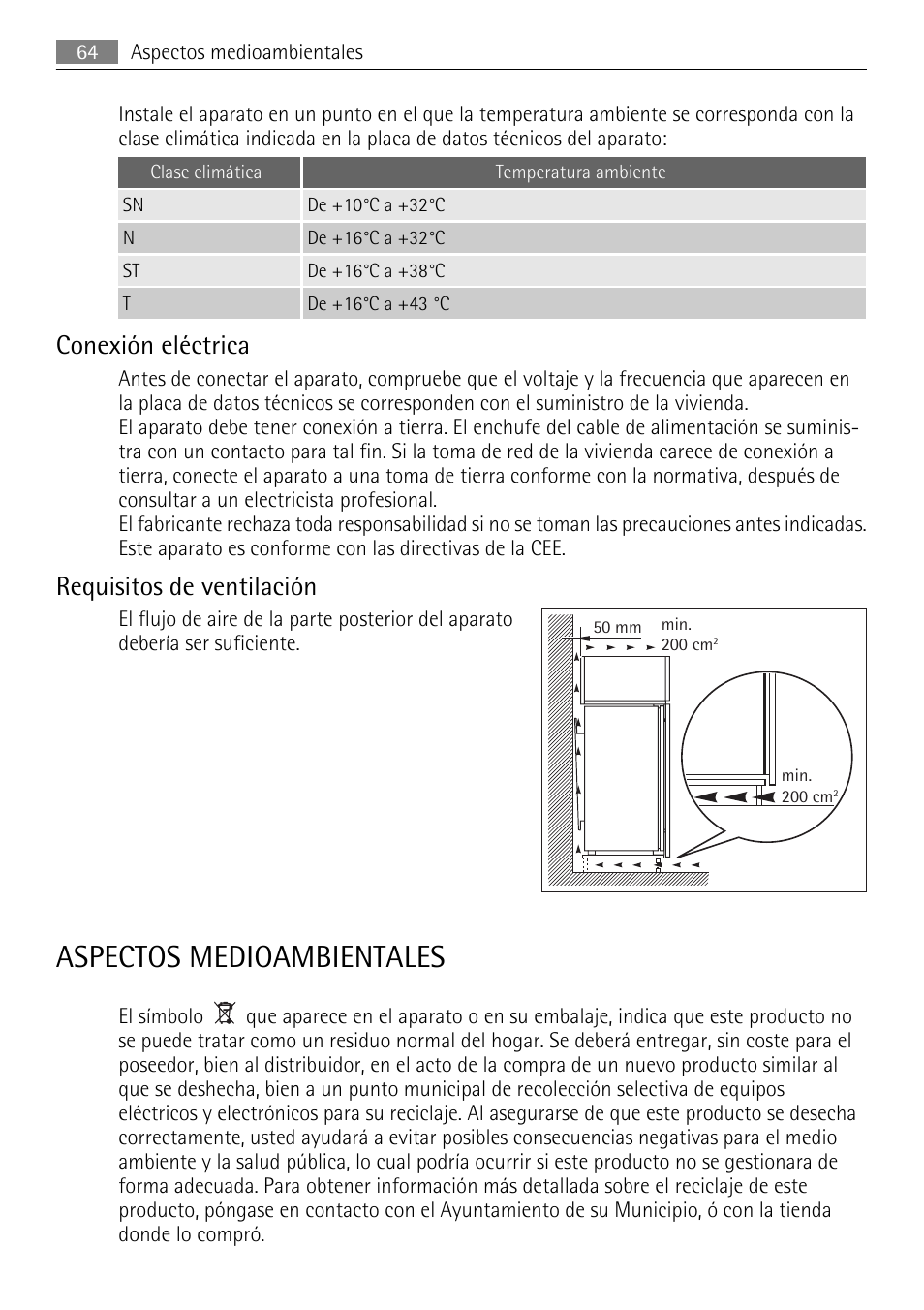 Aspectos medioambientales, Conexión eléctrica, Requisitos de ventilación | AEG SKS51040S0 User Manual | Page 64 / 68