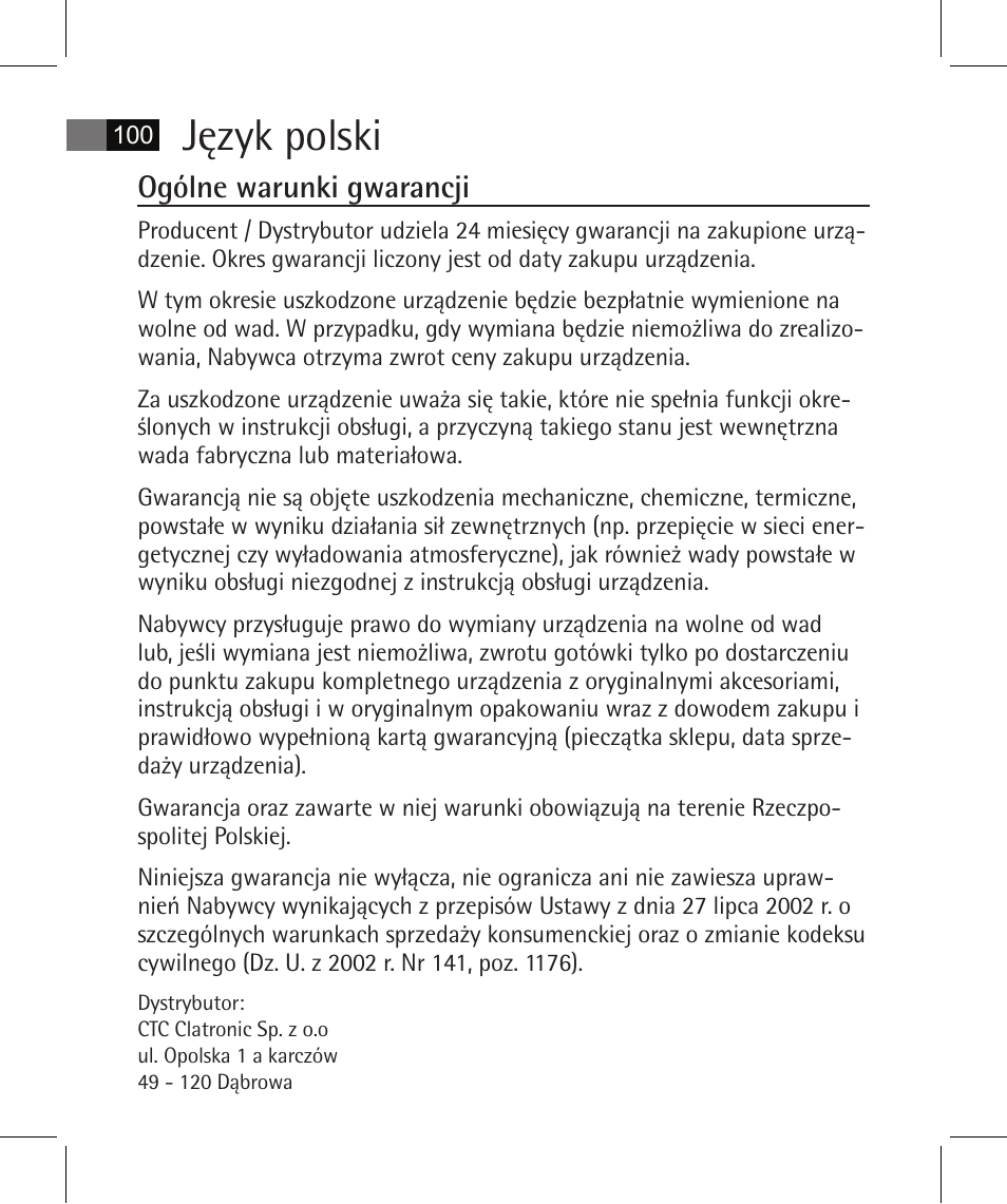 Język polski, Ogólne warunki gwarancji | AEG FT 4925 User Manual | Page 100 / 138