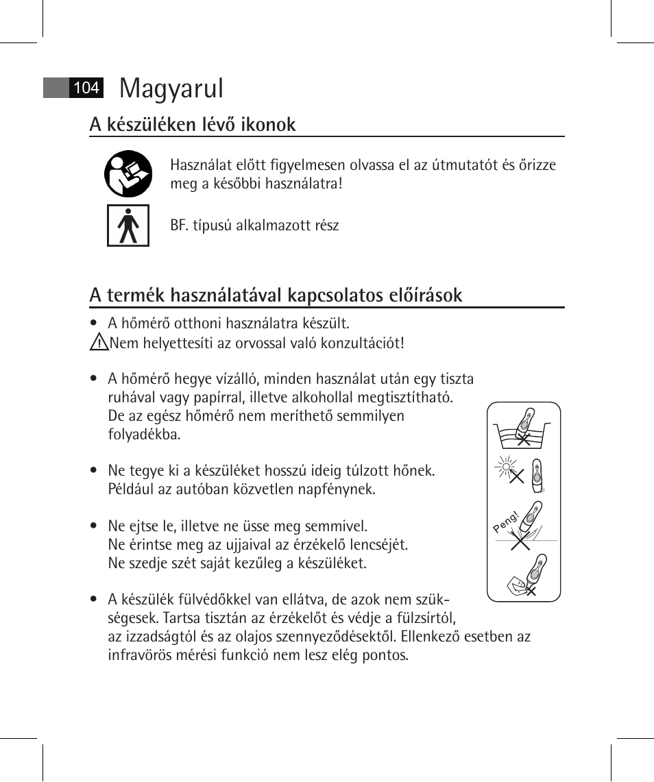 Magyarul, A készüléken lévő ikonok, A termék használatával kapcsolatos előírások | AEG FT 4925 User Manual | Page 104 / 138