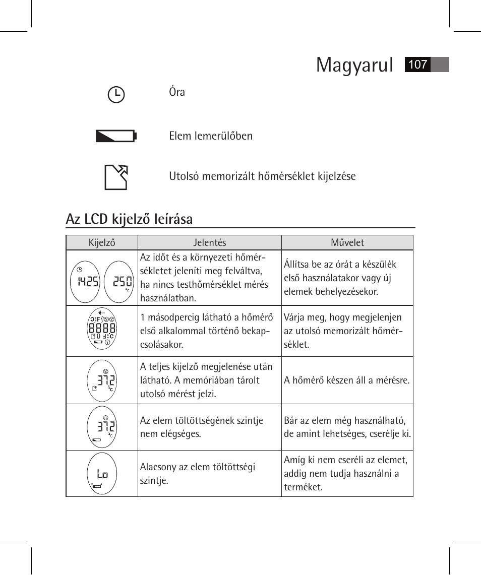 Magyarul, Az lcd kijelző leírása | AEG FT 4925 User Manual | Page 107 / 138