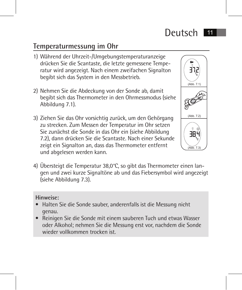 Deutsch, Temperaturmessung im ohr | AEG FT 4925 User Manual | Page 11 / 138