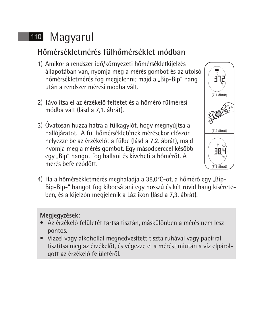 Magyarul, Hőmérsékletmérés fülhőmérséklet módban | AEG FT 4925 User Manual | Page 110 / 138