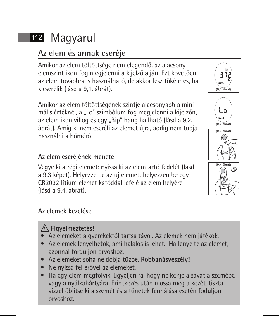 Magyarul, Az elem és annak cseréje | AEG FT 4925 User Manual | Page 112 / 138